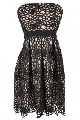 Sweet Honeycomb Lace Overlay Strapless Designer Dress by Minuet in Black/Nude